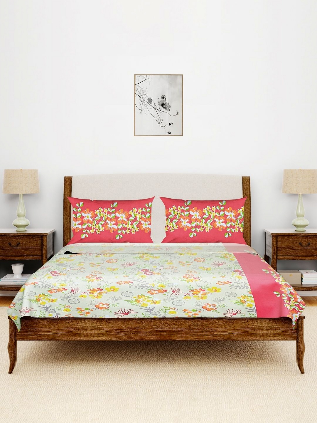 

Aura Yellow & Beige Floral 140 TC King Bedsheet with 2 Pillow Covers