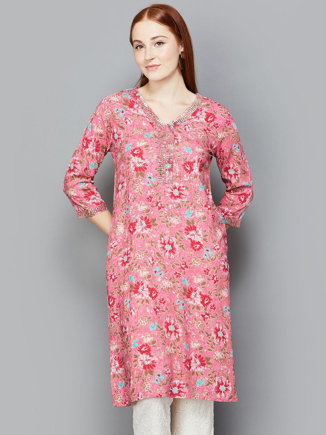 

Melange by Lifestyle Women Floral Printed Thread Work A-Line Kurta, Pink