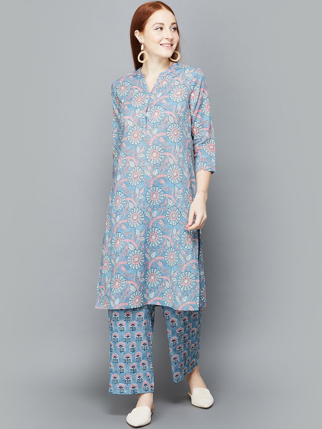 

Melange by Lifestyle Women Floral Regular Pure Cotton Kurta with Trousers, Blue