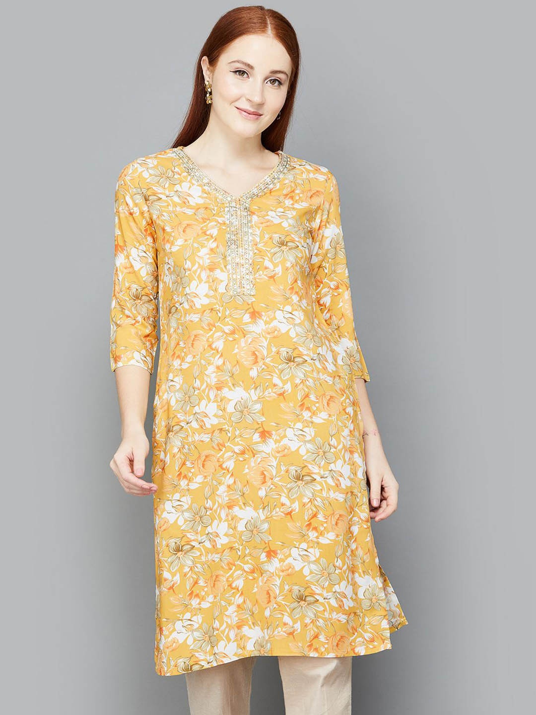 

Melange by Lifestyle Women Floral Printed Kurta, Mustard