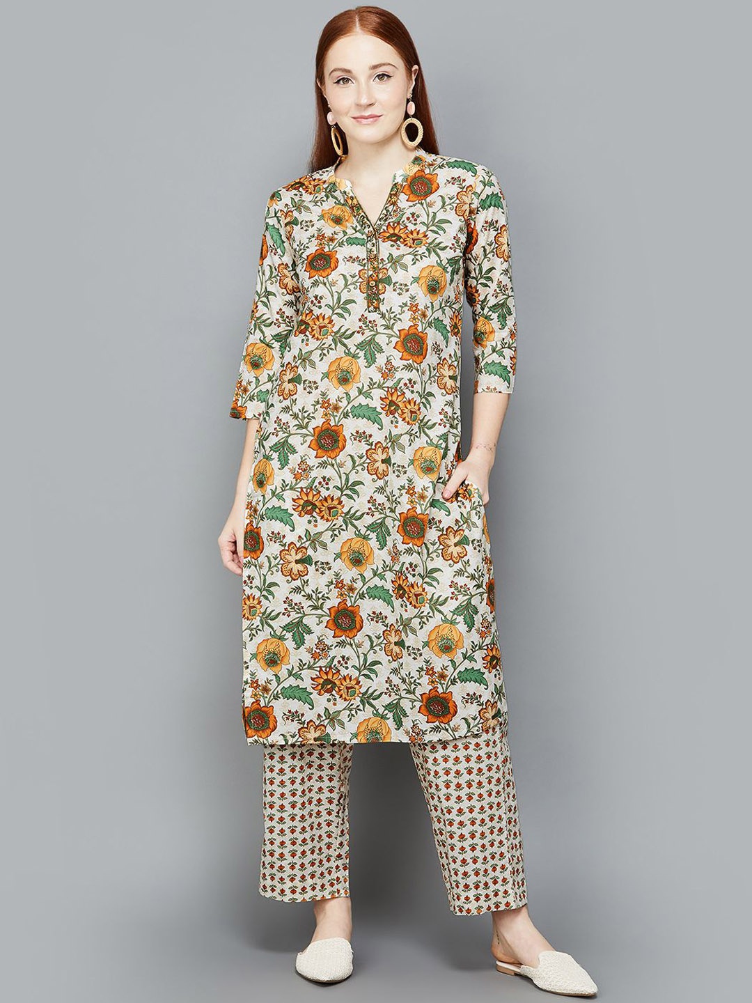 

Melange by Lifestyle Women Floral Printed Regular Pure Cotton Kurta with Trousers, Mustard