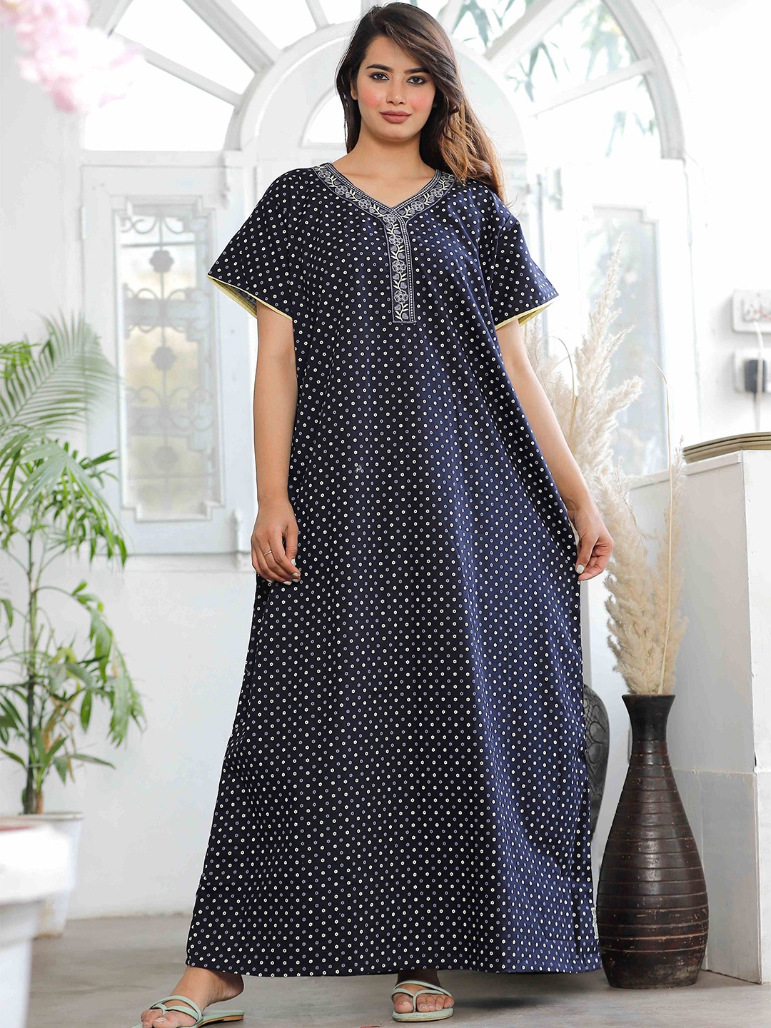 

G4Girl Cotton Printed Maxi Nightdress, Navy blue