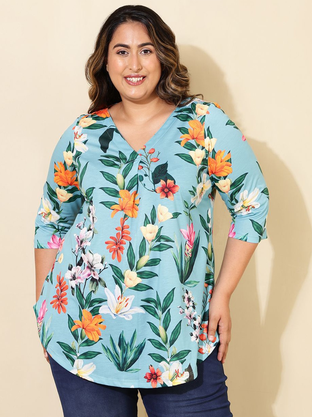 

Amydus V-Neck Floral Printed Plus Size Top, Blue