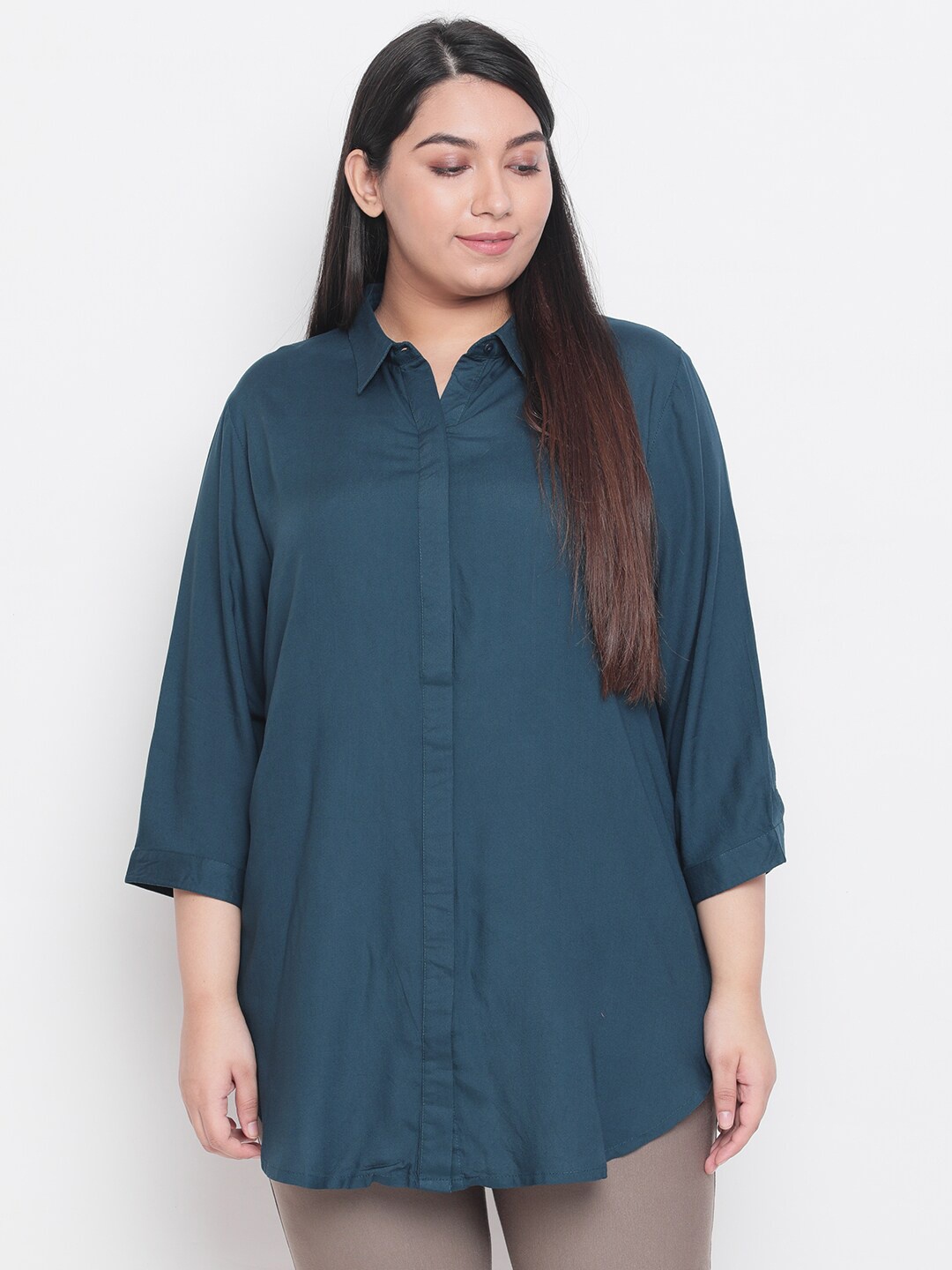 

Amydus Shirt Style Solid Longline Plus Size Top, Teal