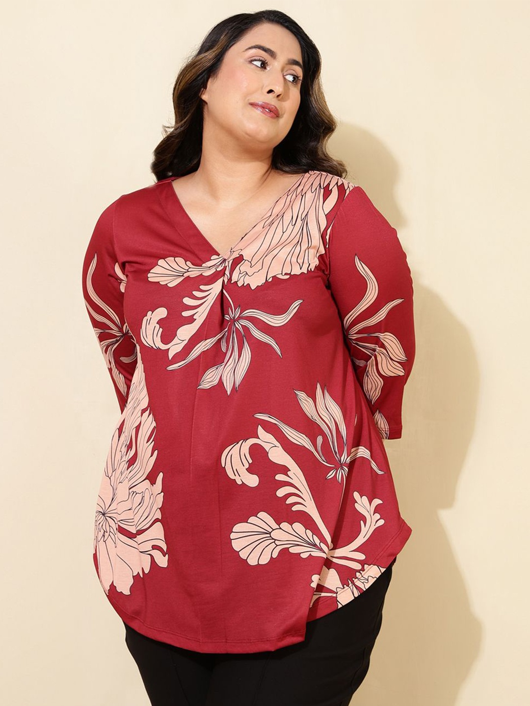 

Amydus Floral Printed V-Neck Plus Size Top, Red