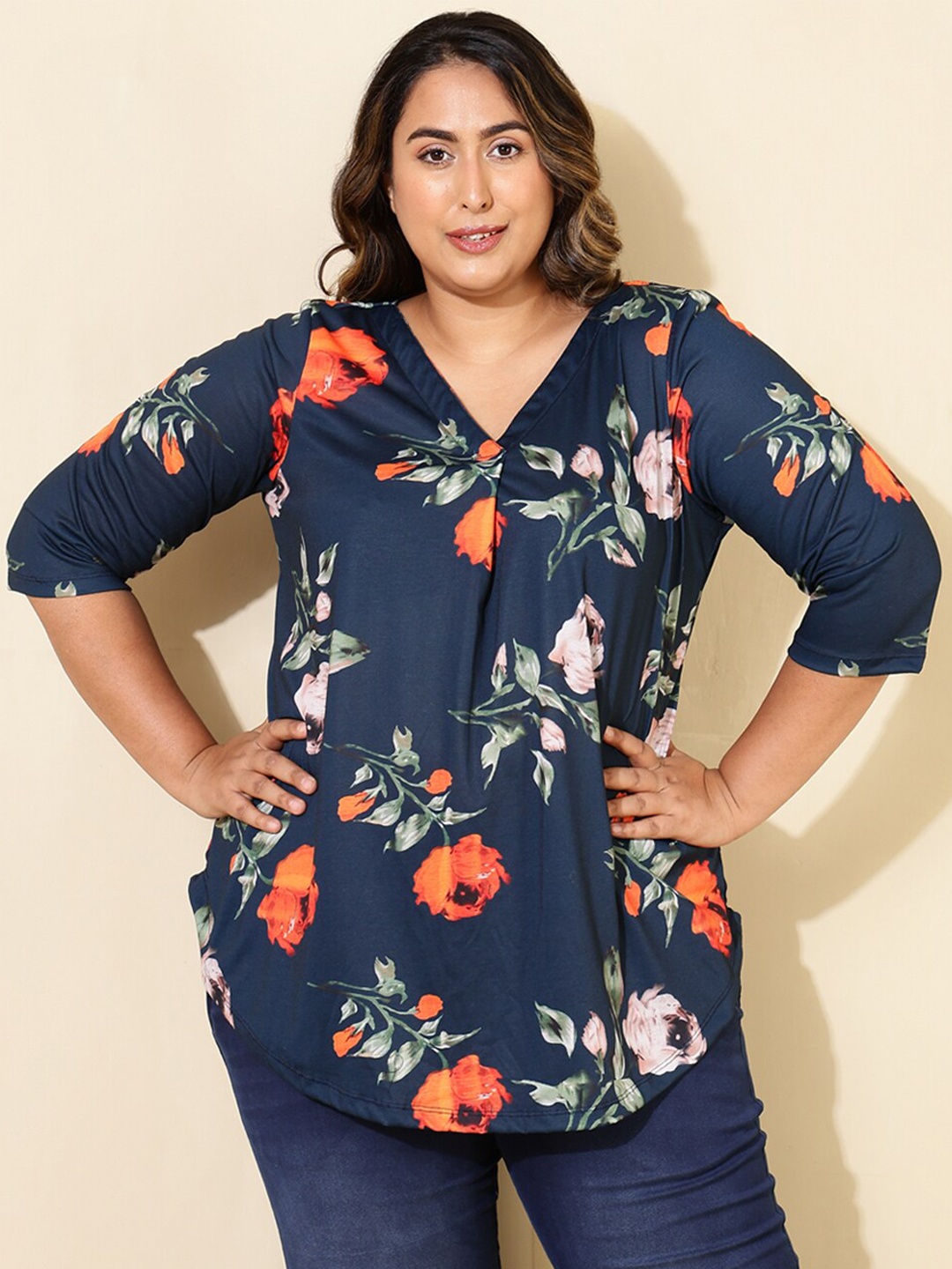 

Amydus V-Neck Floral Printed Plus Size Top, Navy blue