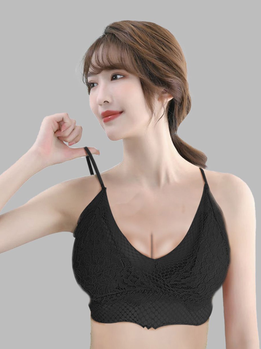 

FIMBUL Floral Bralette Bra Half Coverage Lightly Padded, Black