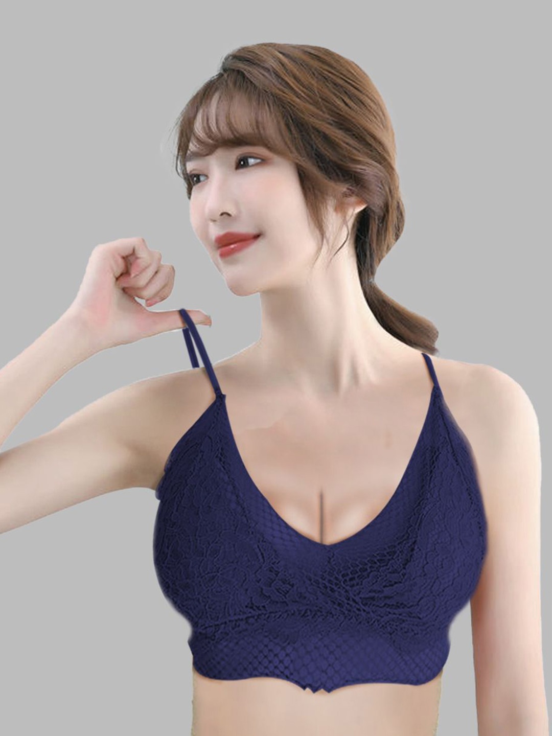 

FIMBUL Floral Bralette Bra Half Coverage Lightly Padded, Navy blue