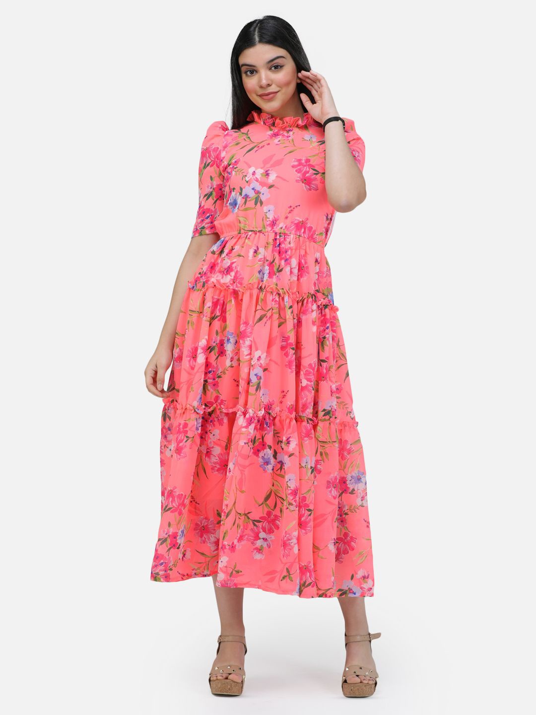 

SCORPIUS Floral Print Georgette Fit & Flare Midi Dress, Peach
