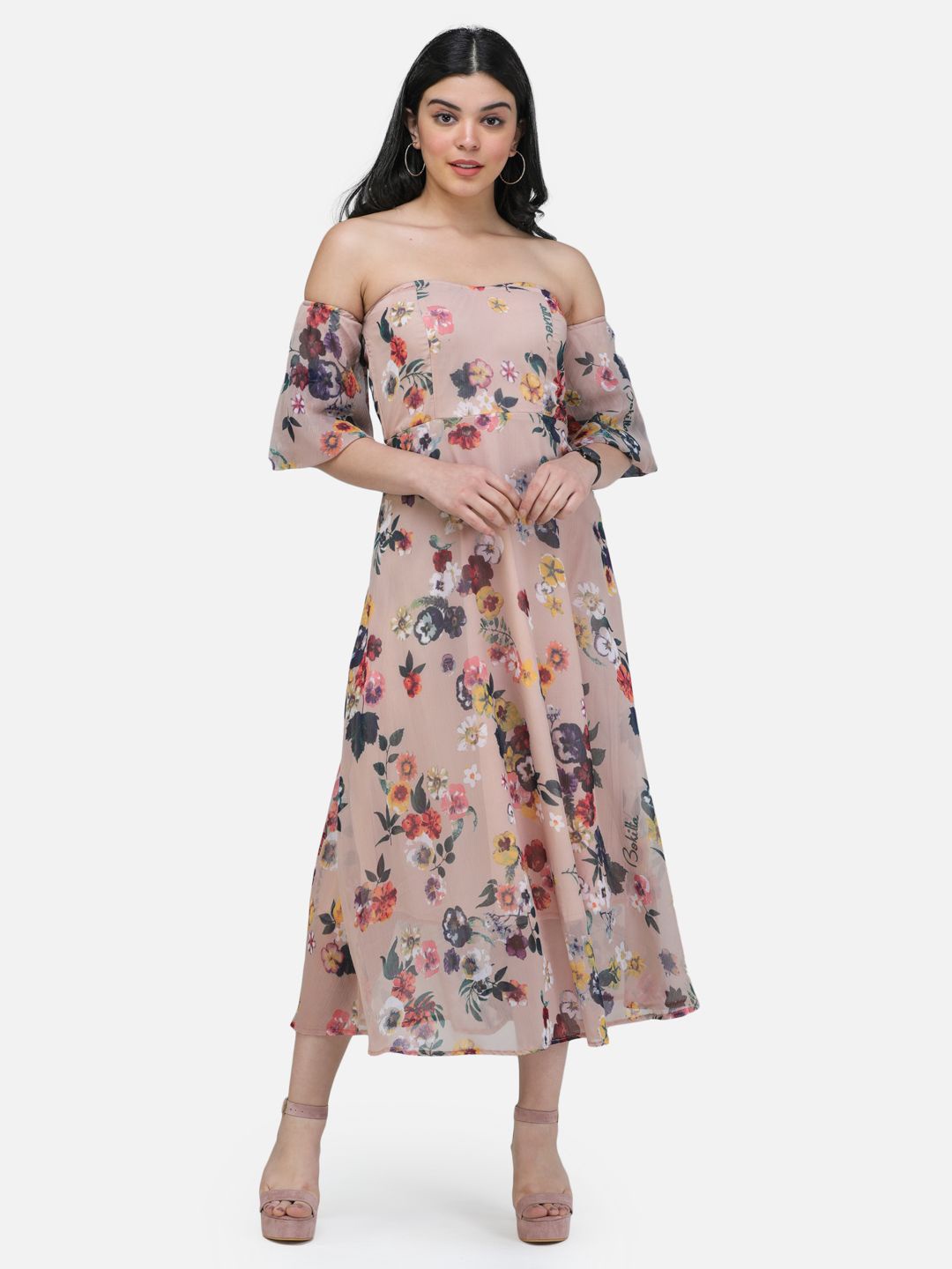 

SCORPIUS Floral Print Off-Shoulder Flared Sleeve Chiffon Fit & Flare Midi Dress, Beige