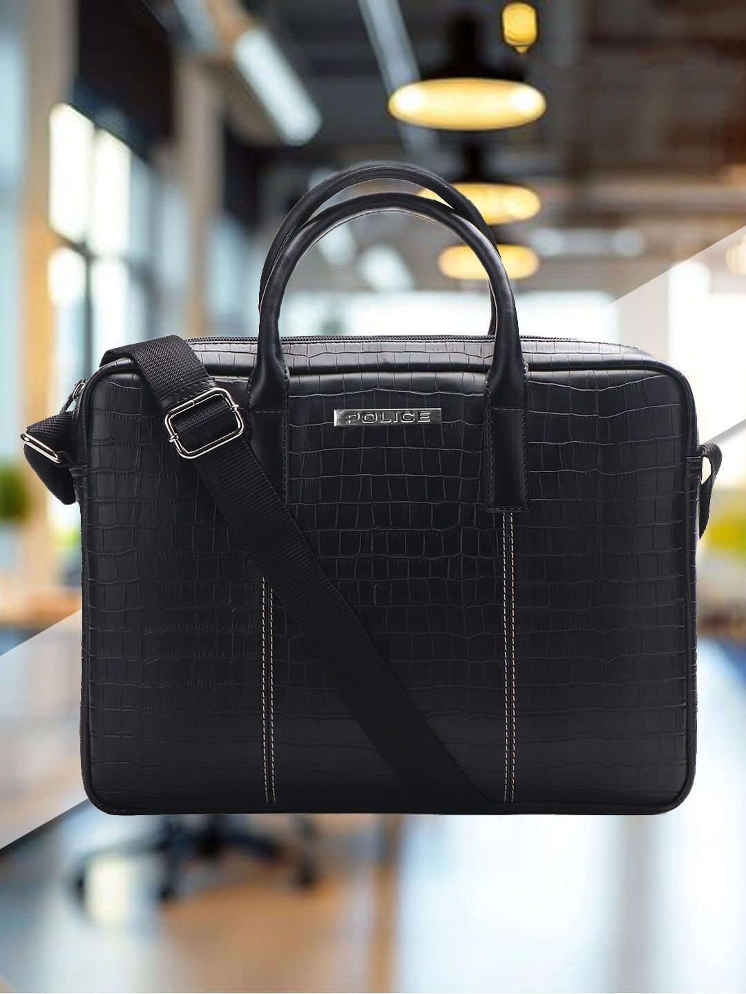 

Police Men Textured PU Laptop Bag, Black