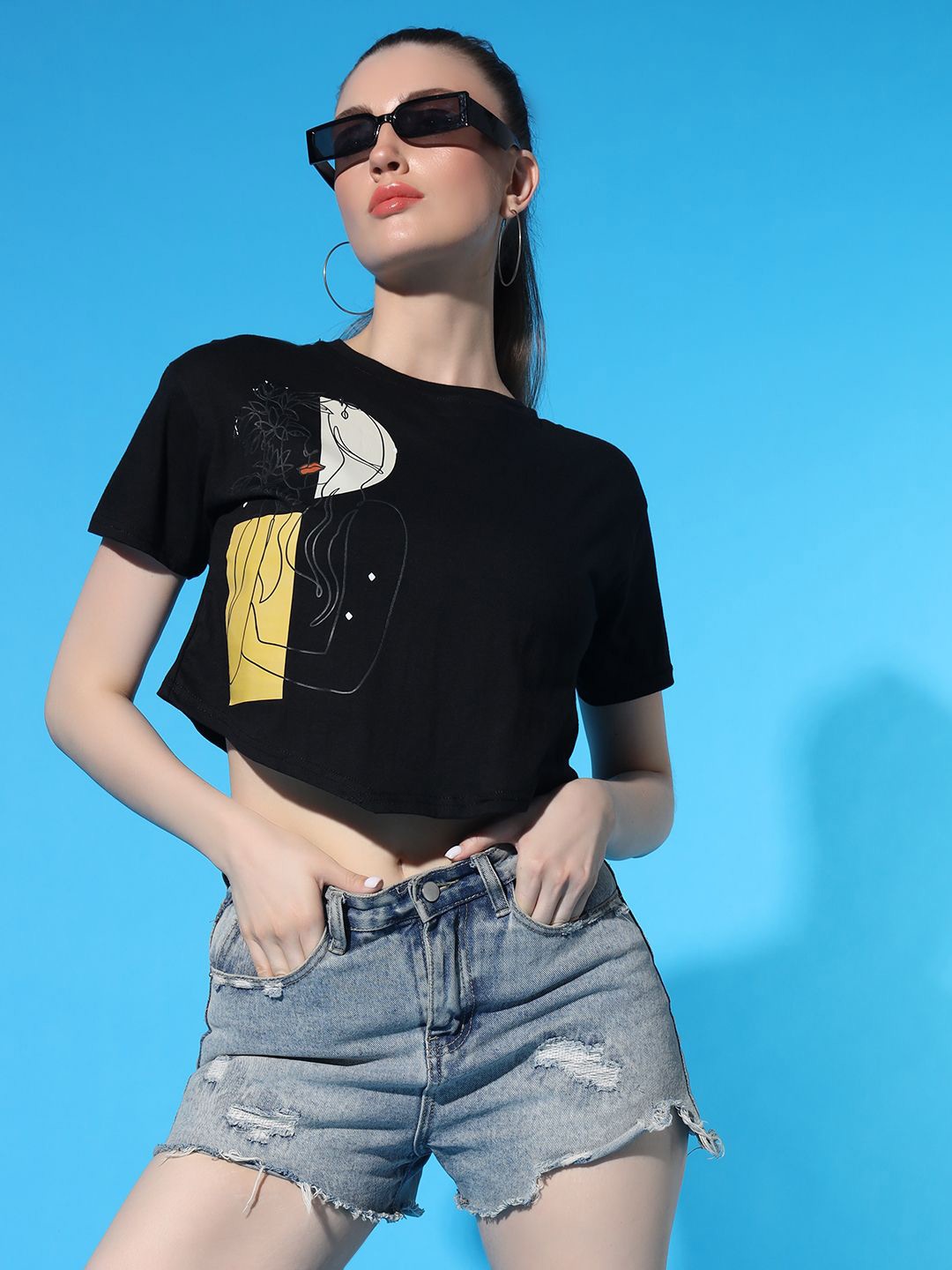 

STHULAS Women Graphic Printed Round Neck Crop T-shirt, Black
