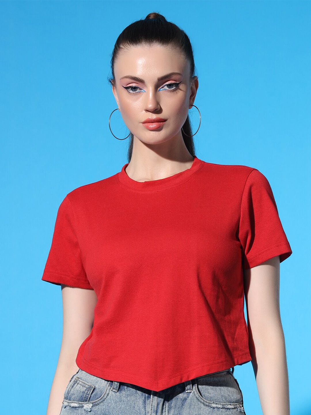 

STHULAS Women Solid Cherry Red Round Neck Crop T-shirt
