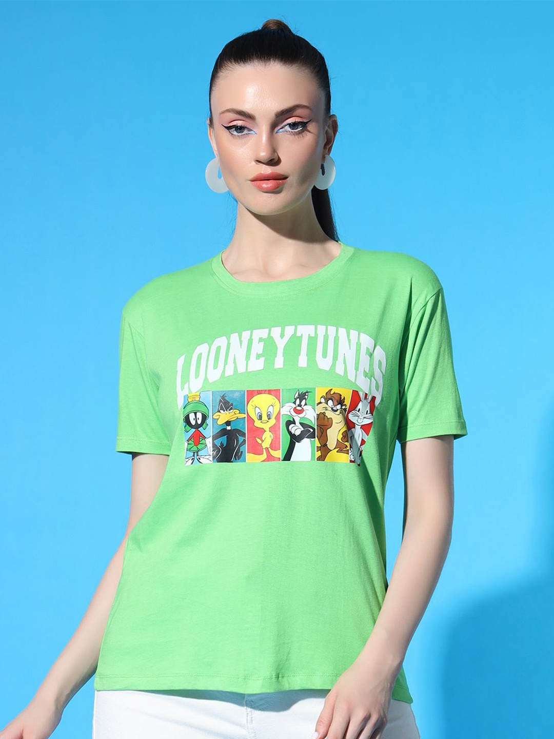 

STHULAS Women Round Neck Printed Cotton T-shirt, Green