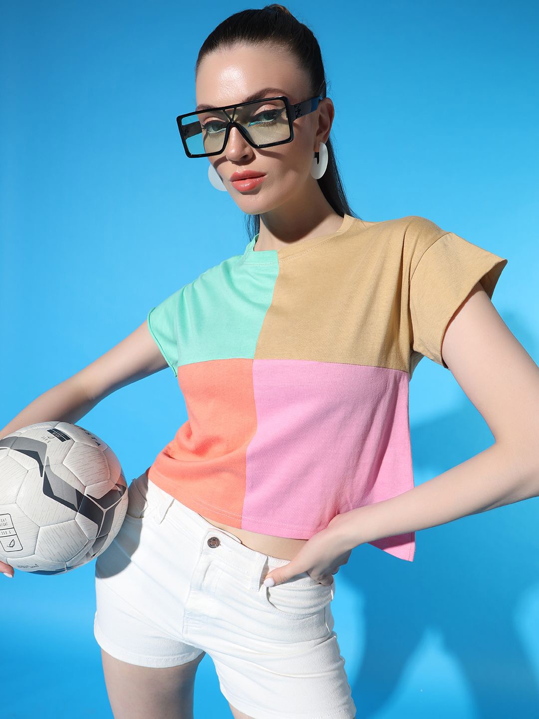 

STHULAS Women Colourblocked Round Neck T-shirt, Peach