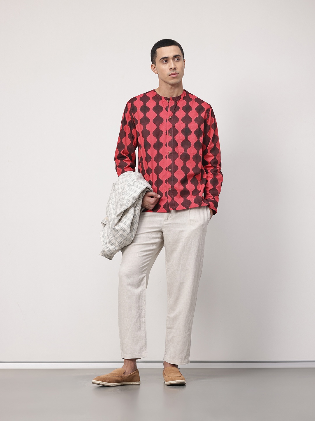 

ether Artisan Pure Cotton Hand Block Printed Relaxed Fit Shirt, Red