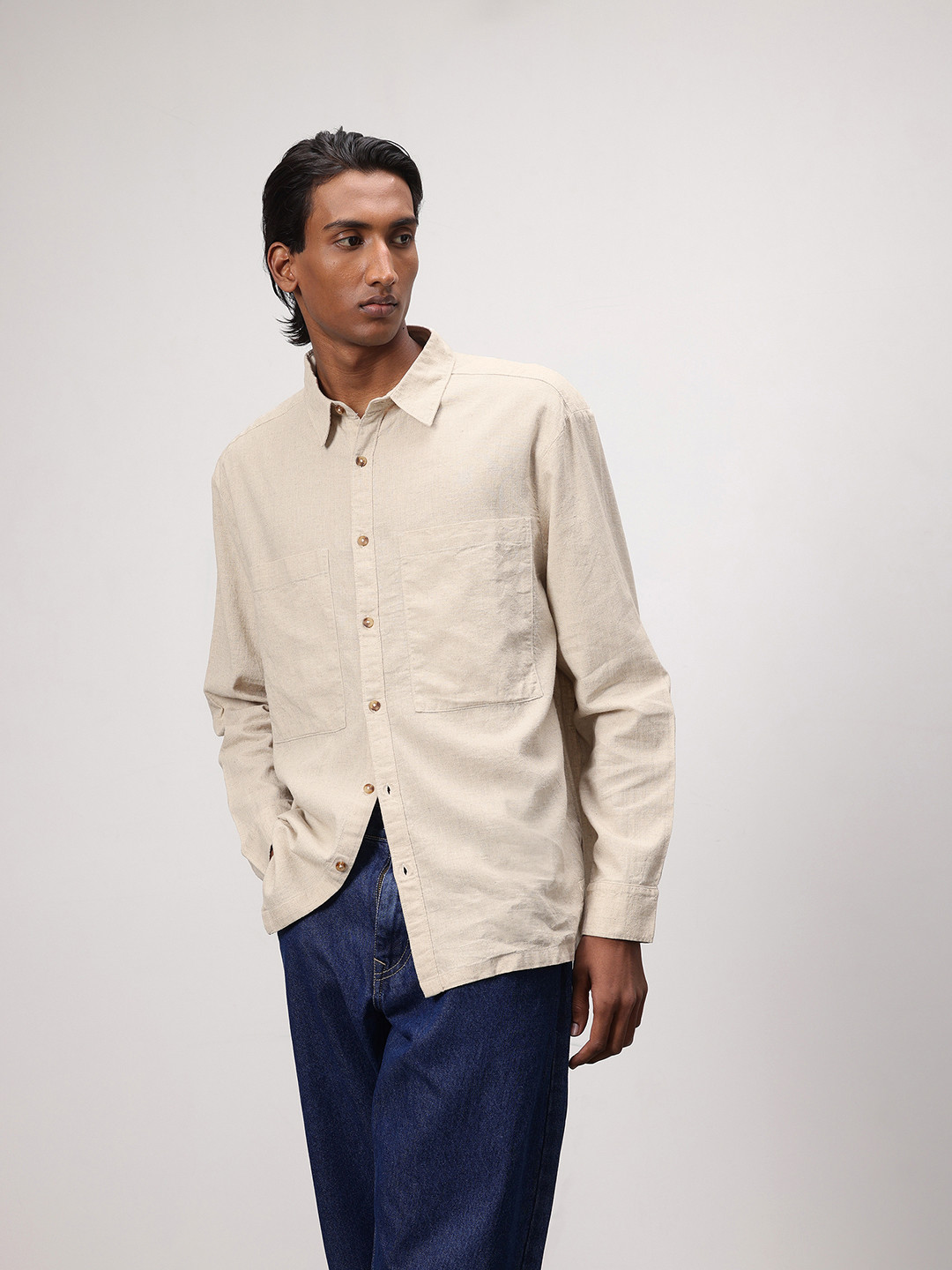 

ether 365 Essentials Spread Collar Casual Shirt, Beige