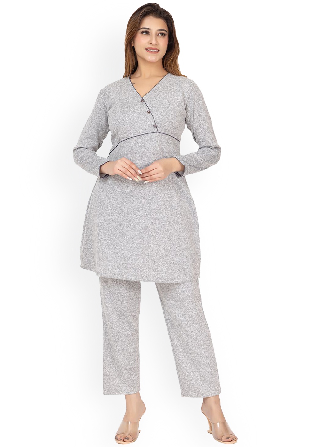 

TWENTY ME Women Solid Tunic With Trousers Co-Ords, Grey