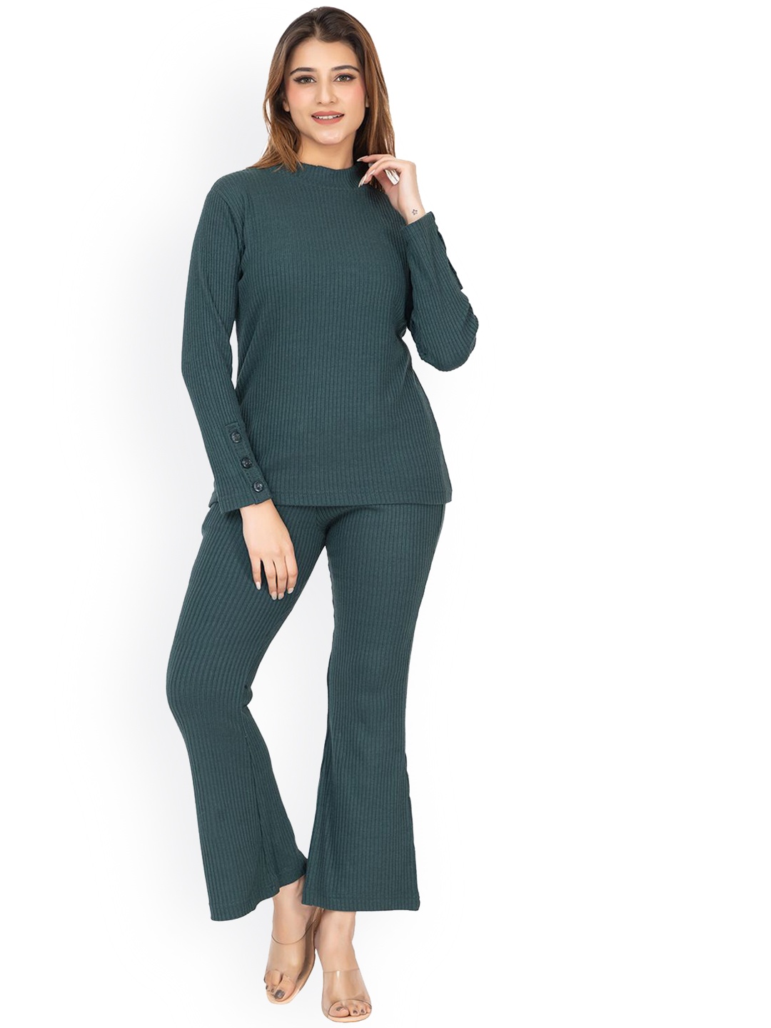 

TWENTY ME High Neck Top & Flared Trouser RIbbed Co-Ords, Green