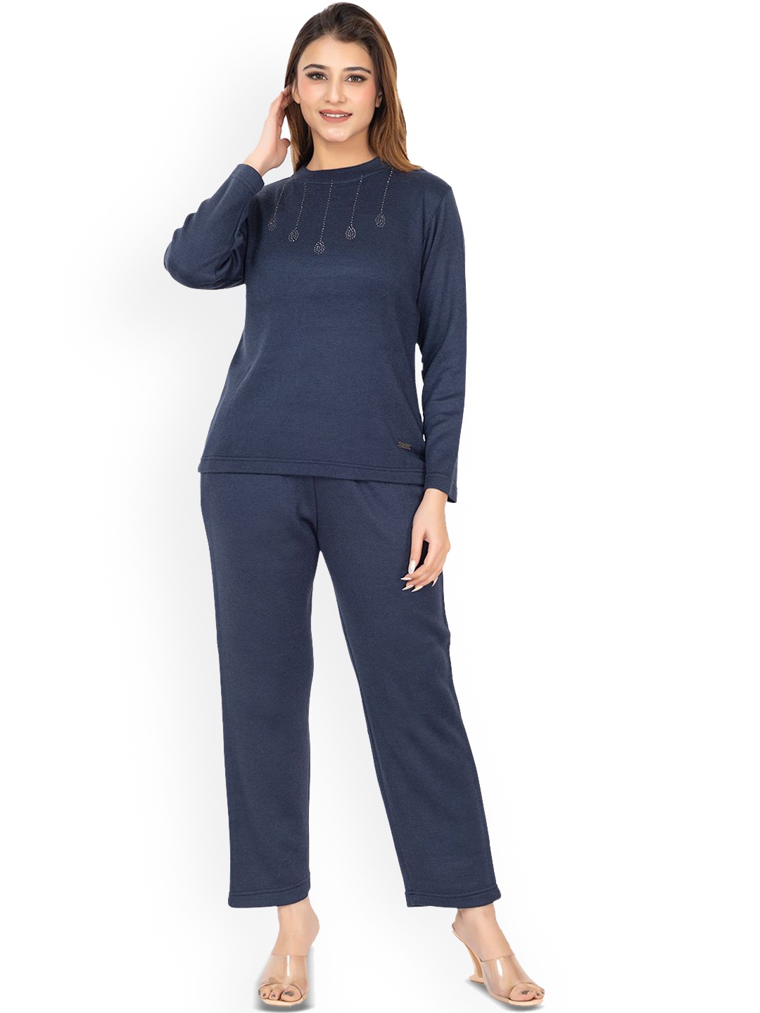 

TWENTY ME Women Solid Round Neck T-Shirt With Trouser Co-Ords, Navy blue