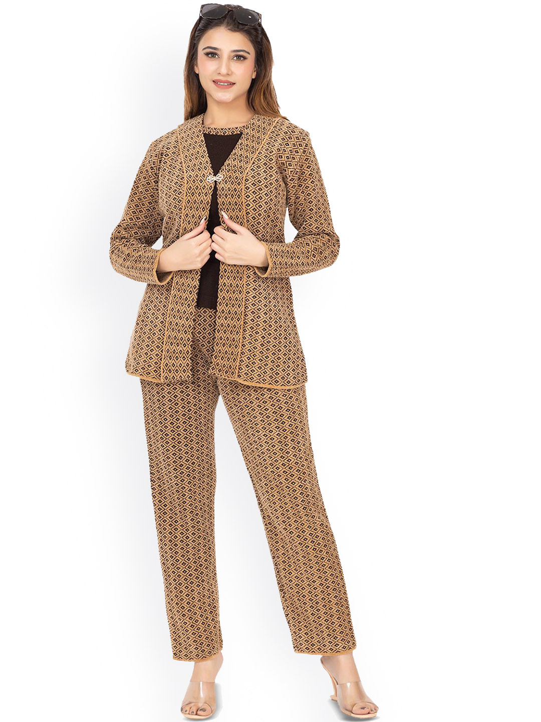 

TWENTY ME Women Printed Self Design Top & Trouser Co-Ords, Camel brown