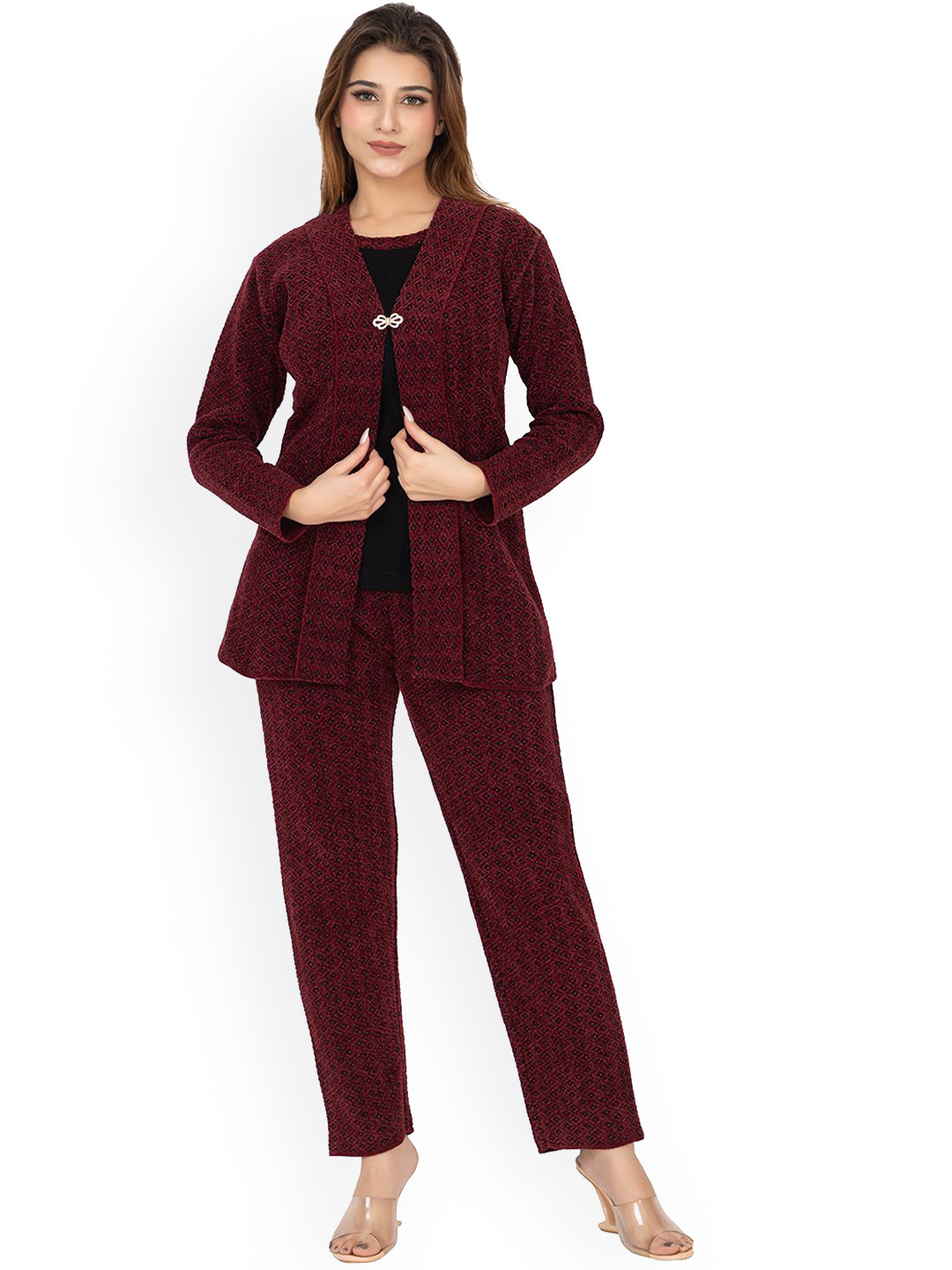

TWENTY ME Women Printed Self Design Top With Trousers Co-Ords, Maroon
