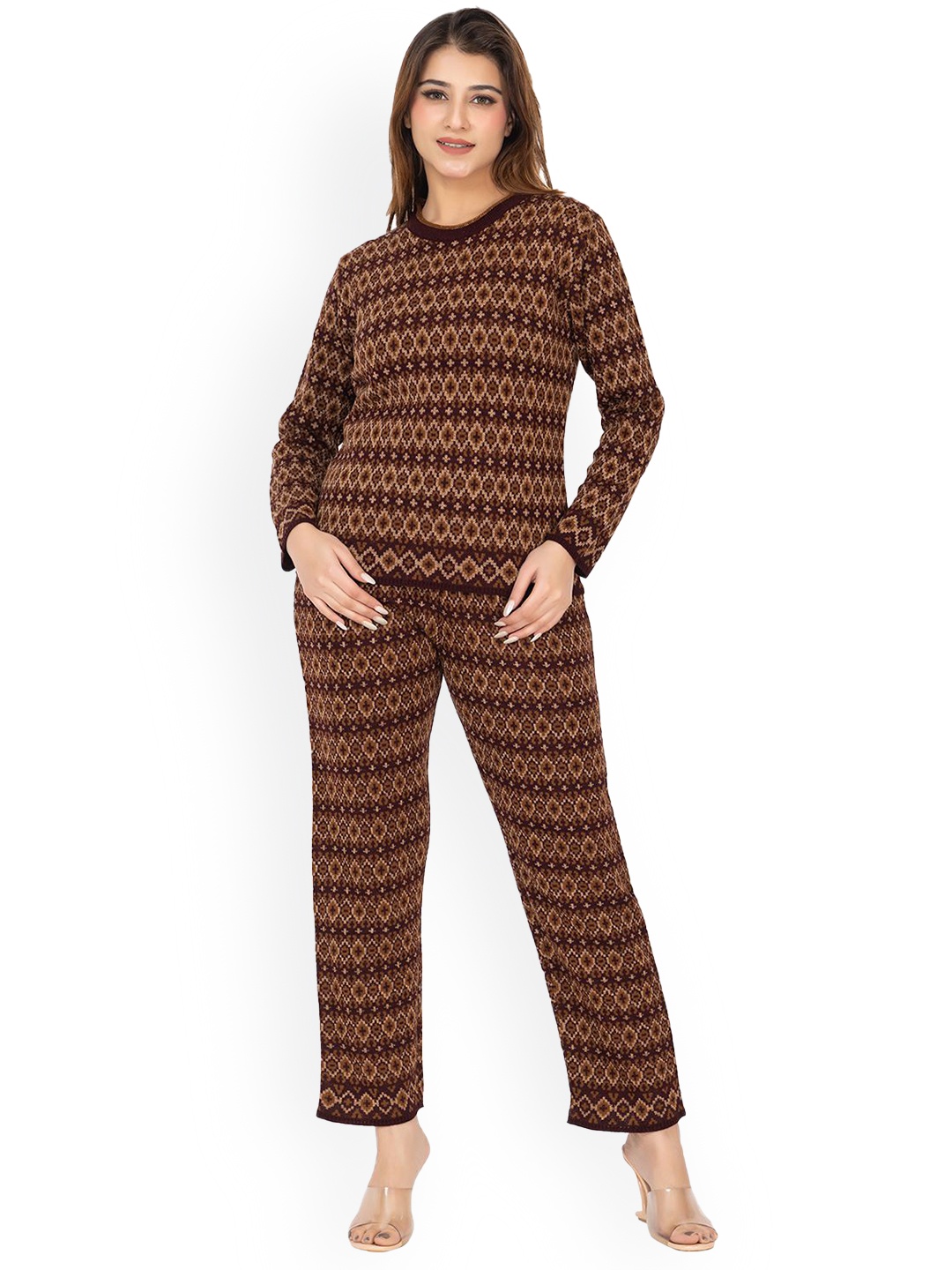 

TWENTY ME Women Printed Top With Trousers Co-Ords, Brown
