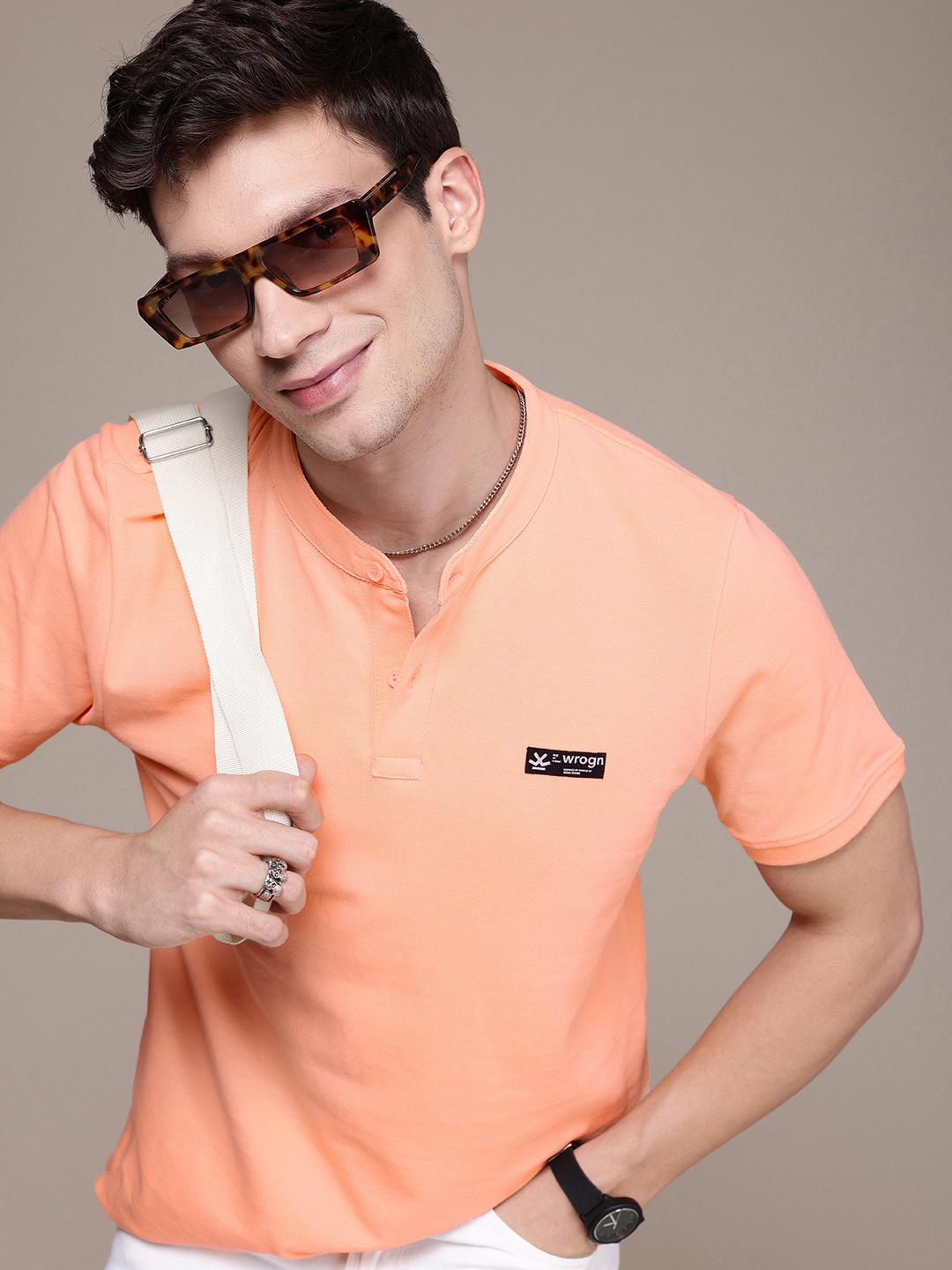 

WROGN Mock Collar Pure Cotton T-shirt, Peach