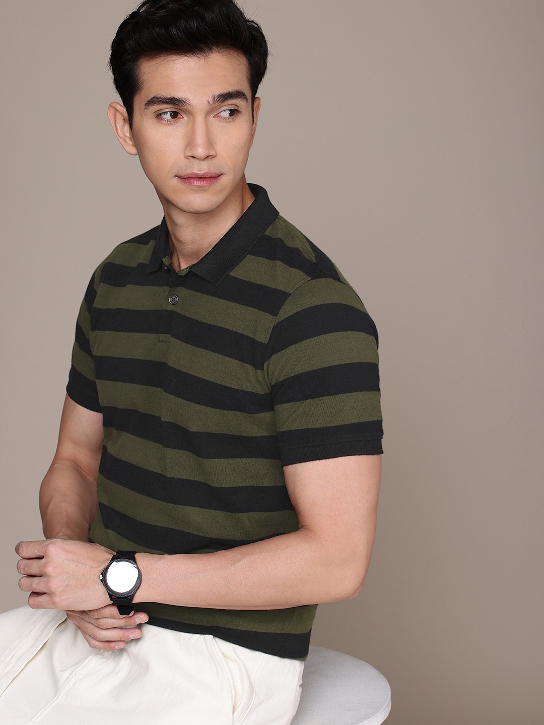 

WROGN Striped Polo Collar Pure Cotton T-shirt, Olive