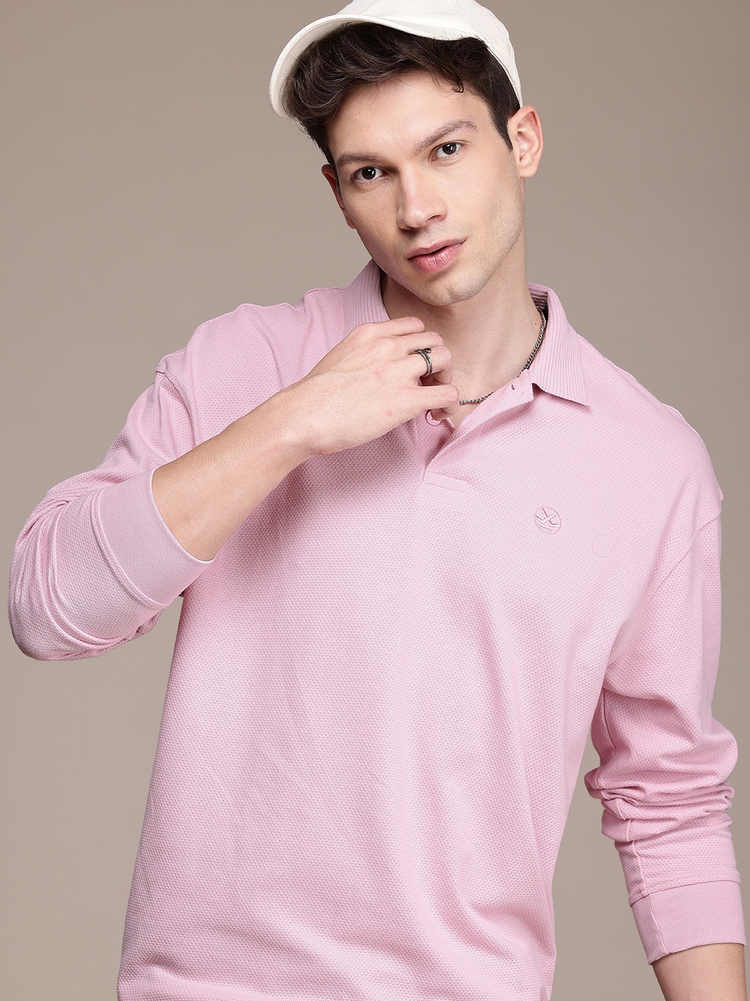 

WROGN Oversized Fit Self Design Polo Collar T-shirt, Pink