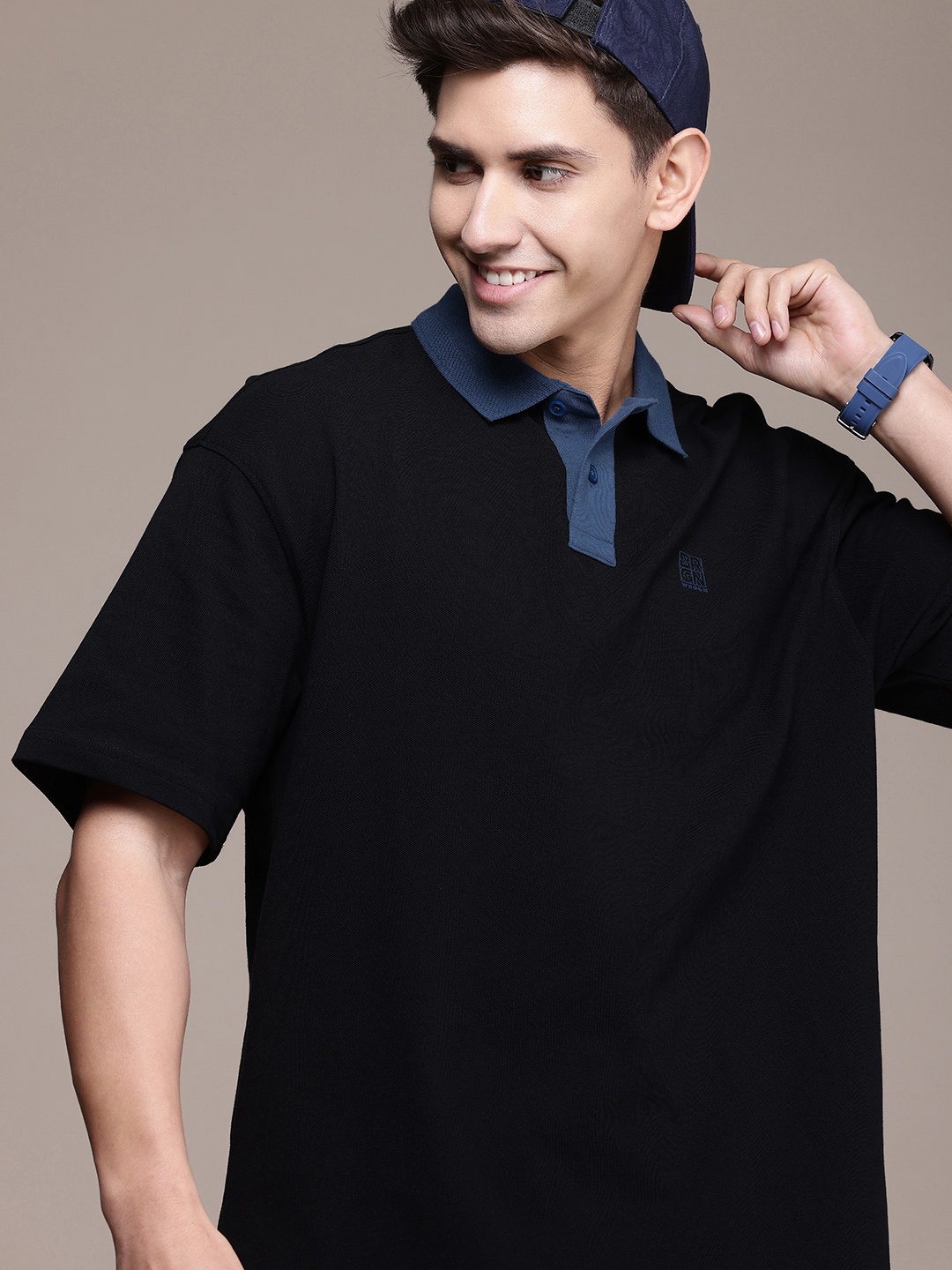 

WROGN Polo Collar Drop-Shoulder Sleeves Pure Cotton T-shirt, Black