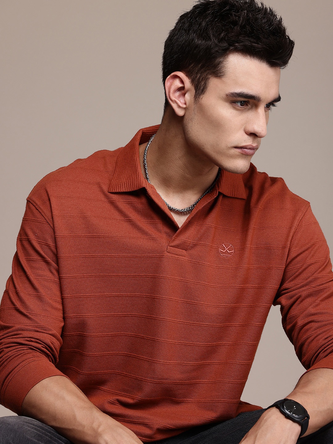 

WROGN Oversized Fit Striped Self Design Polo Collar T-shirt, Brown