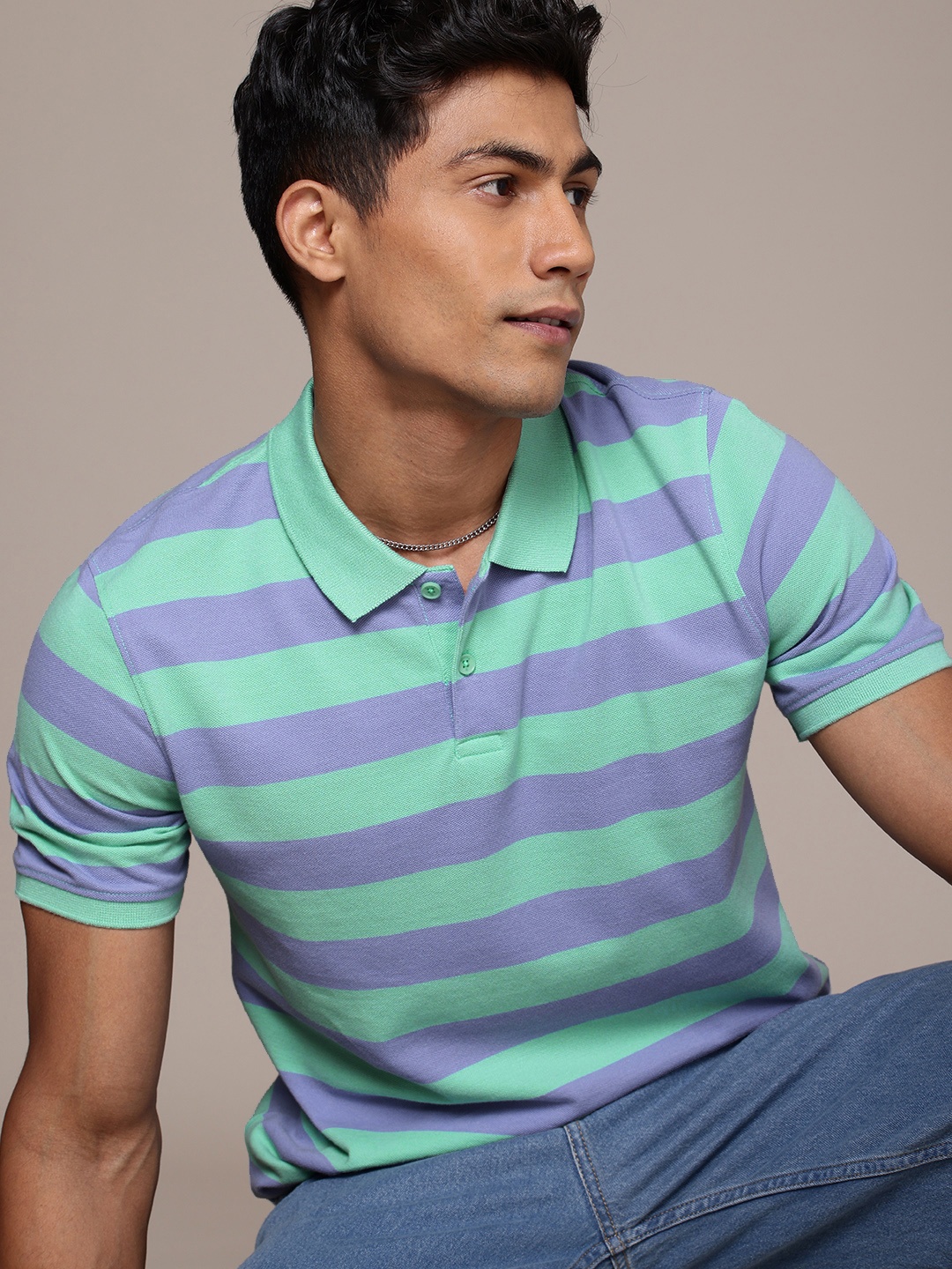 

WROGN Striped Polo Collar Pure Cotton T-shirt, Purple