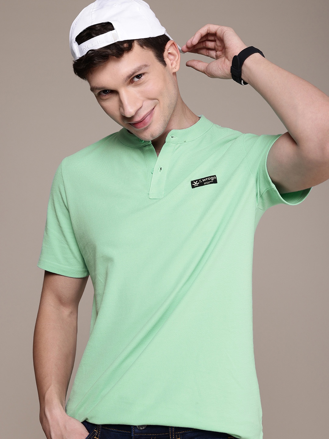 

WROGN Mock Collar Pure Cotton T-shirt, Green