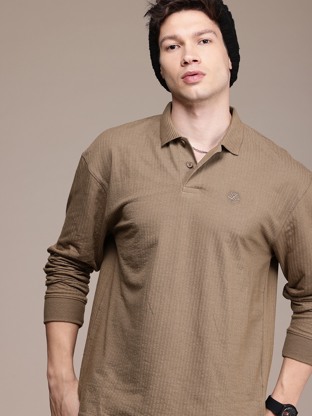 

WROGN Oversized Fit Self Design Polo Collar T-shirt, Taupe