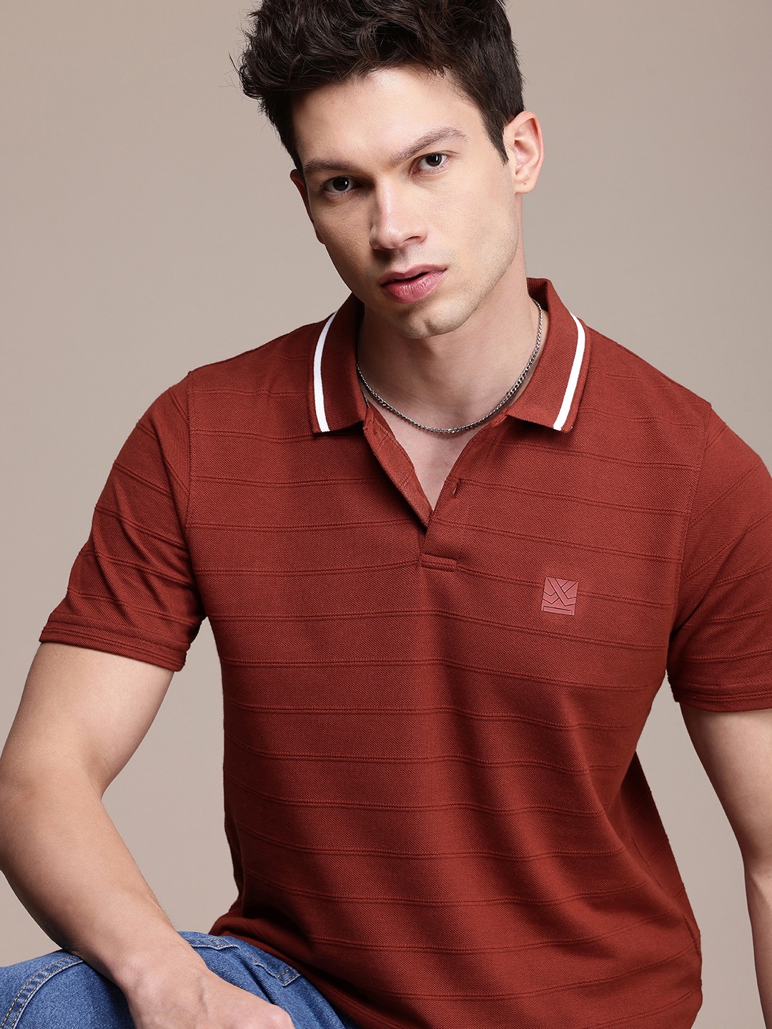 

WROGN Self Striped Polo Collar T-shirt, Rust