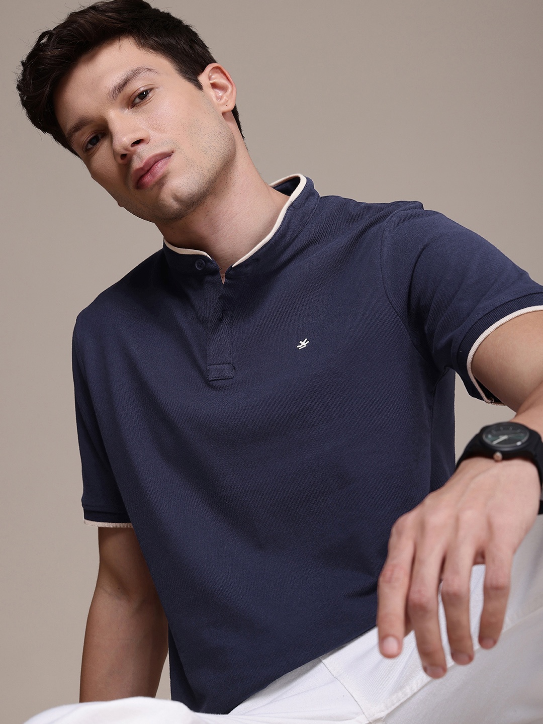 

WROGN Mock Collar Pure Cotton T-shirt, Navy blue