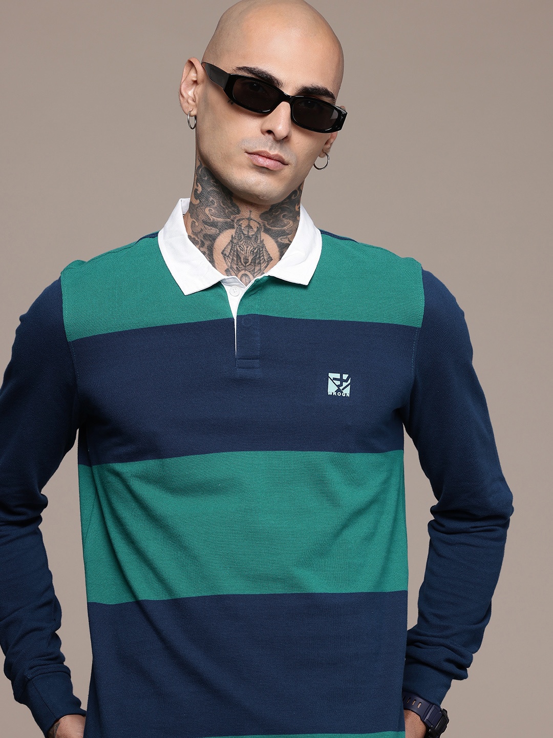 

WROGN Striped Polo Collar Pure Cotton T-shirt, Navy blue