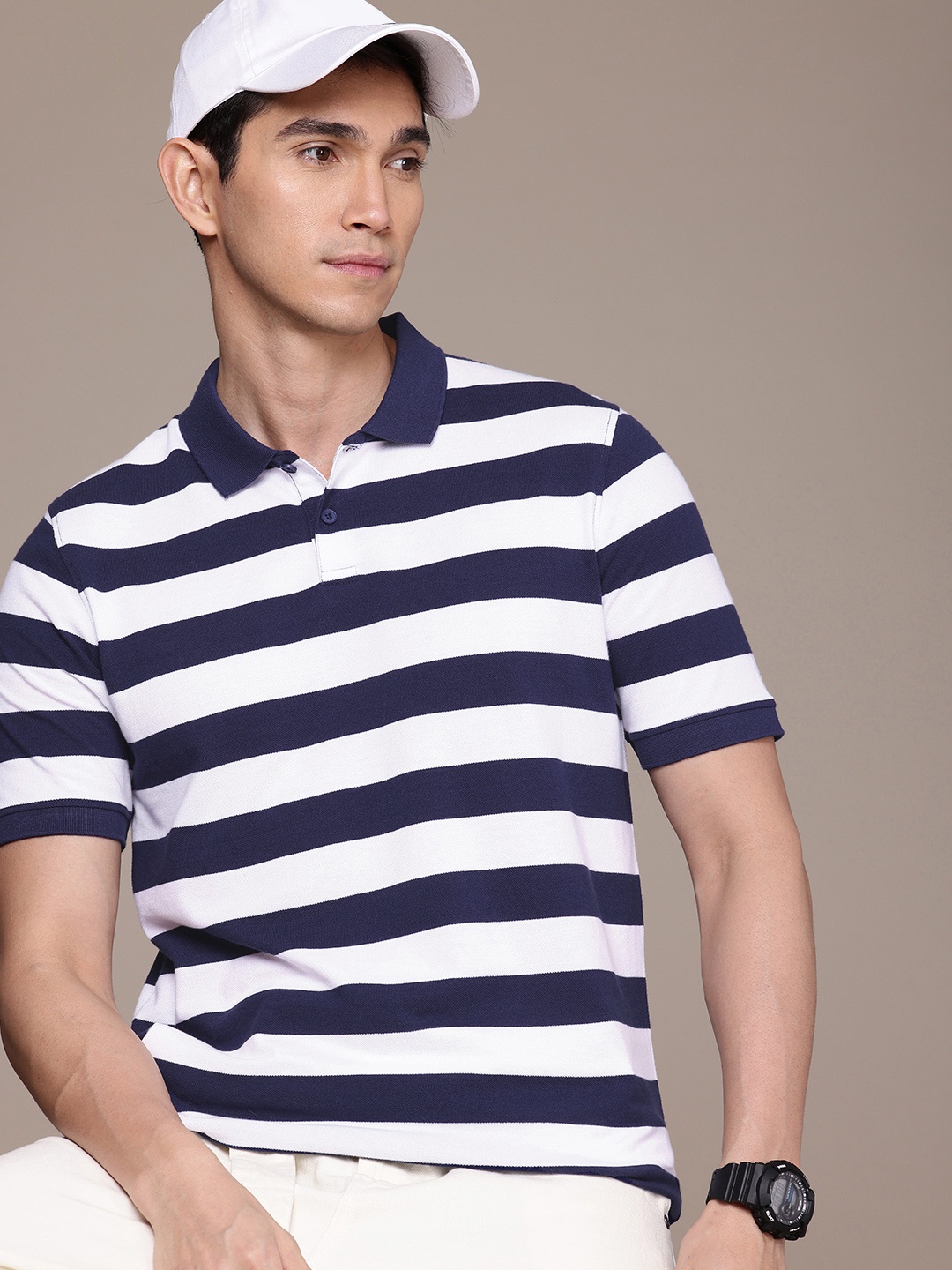 

WROGN Striped Polo Collar Pure Cotton T-shirt, White