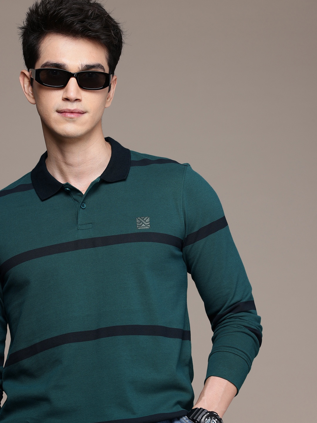 

WROGN Striped Polo Collar Pure Cotton T-shirt, Green