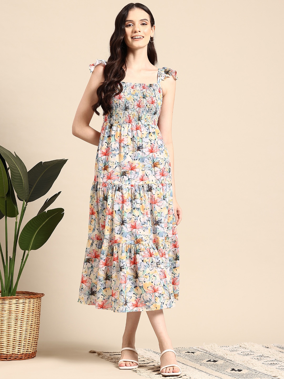 

Mast & Harbour Floral Print Smocked A-Line Midi Dress, Coral