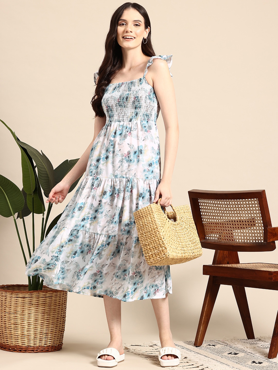 

Mast & Harbour Floral Print Smocked A-Line Midi Dress, Blue