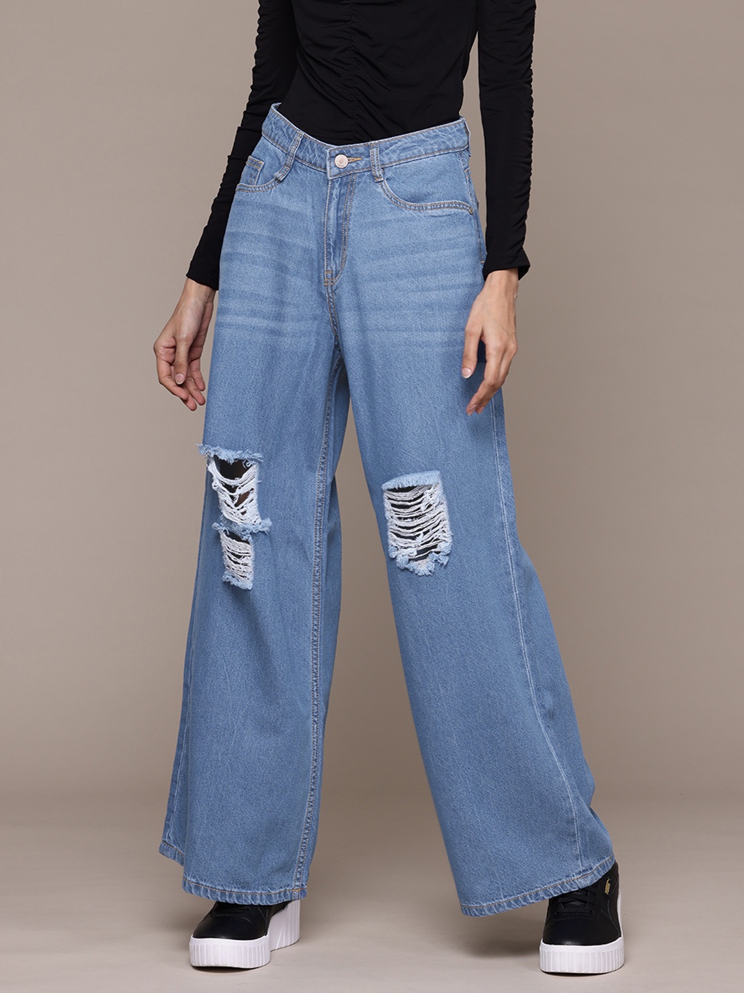 

The Roadster Lifestyle Co. Women Pure Cotton Wide Leg High-Rise Mildly Distressed Jeans, Blue