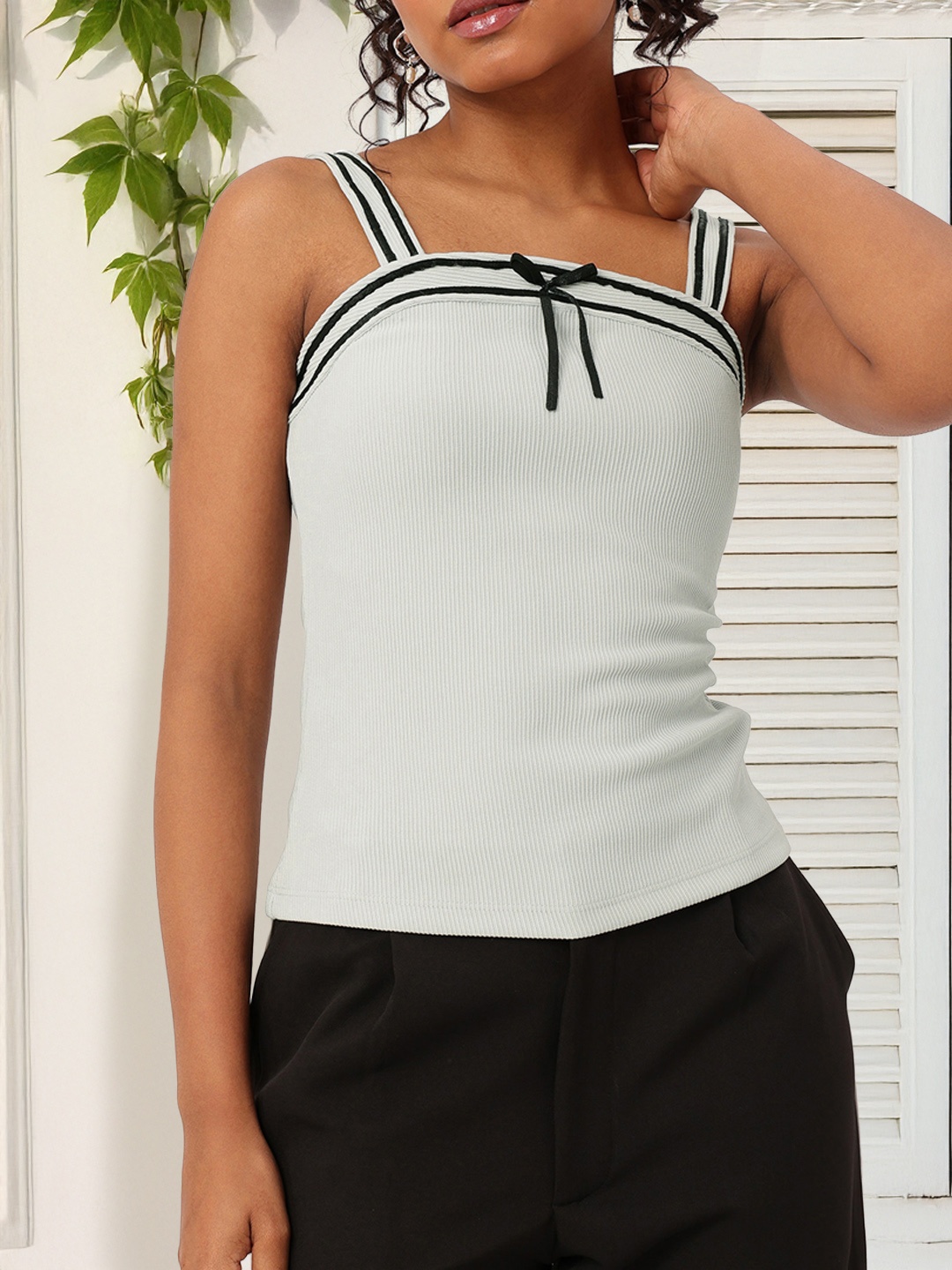 

DressBerry Soft Girl Aesthetic Bow Detailed Ribbed Top, Grey