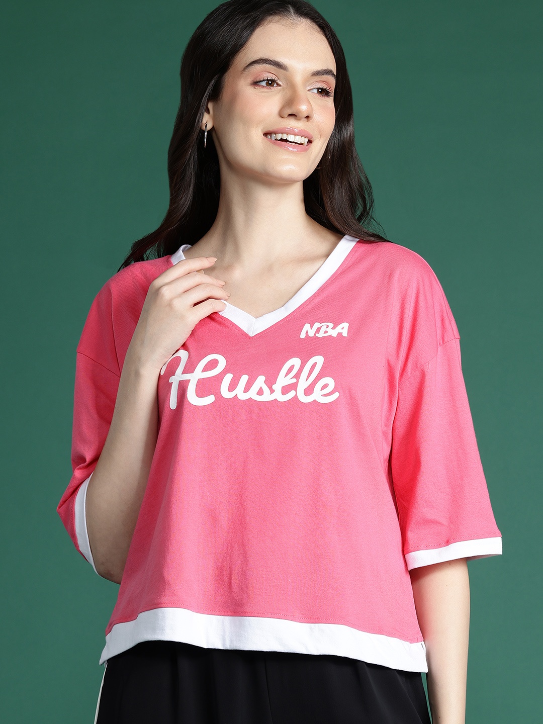

DressBerry Printed V-Neck Drop-Shoulder Sleeves T-shirt, Pink