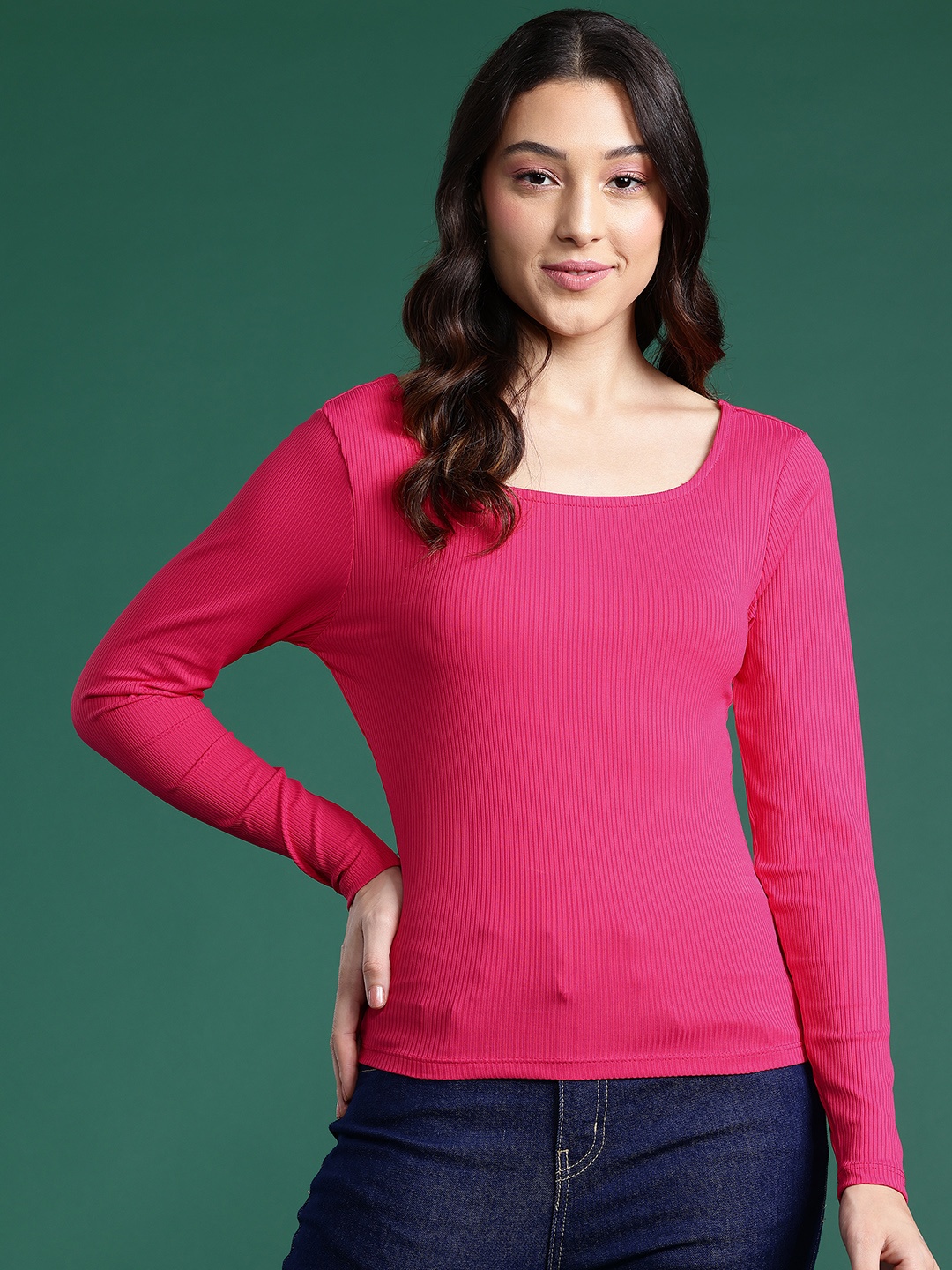 

DressBerry Basics Ribbed Square Neck Top, Pink
