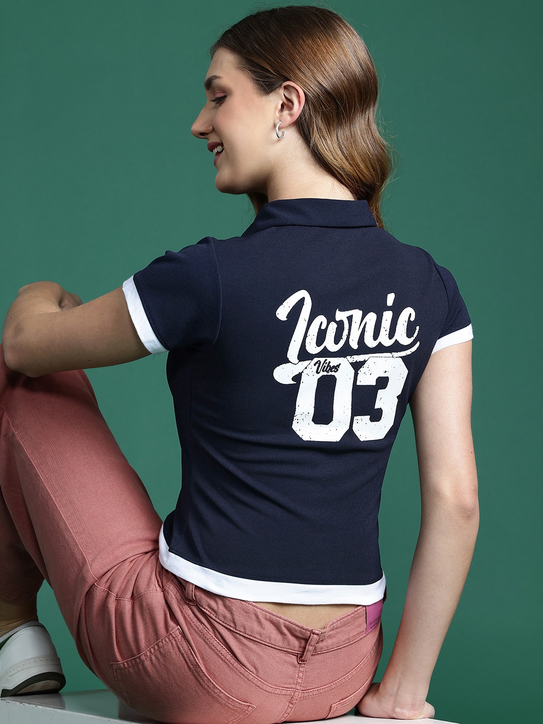 

DressBerry Typography Printed Shirt Collar Top, Navy blue