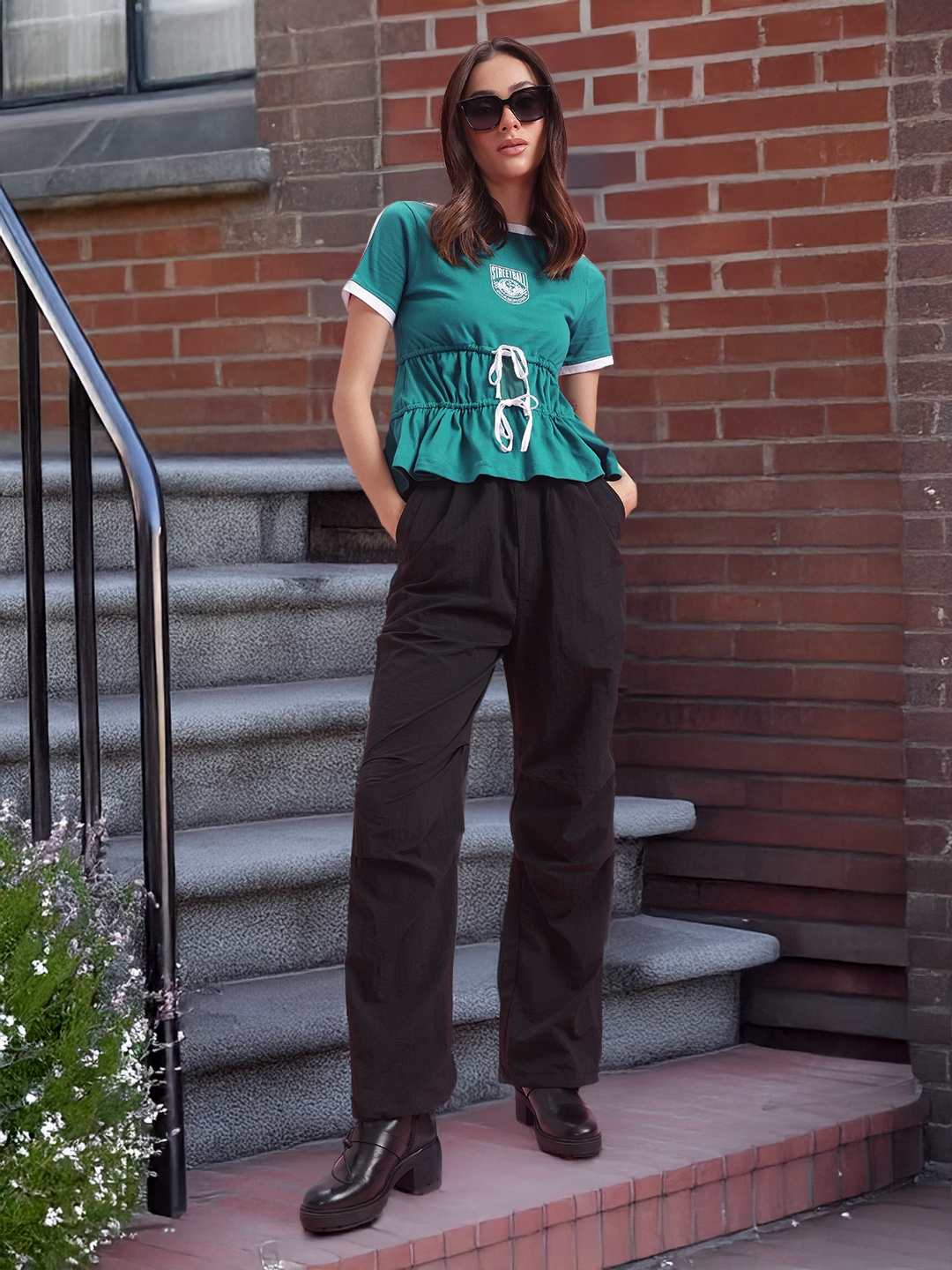 

DressBerry Typography Print Pure Cotton Pleated Empire Top, Teal