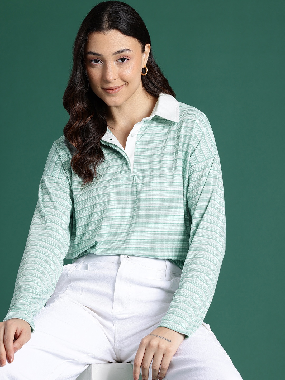 

DressBerry Striped Shirt Style Top, Green