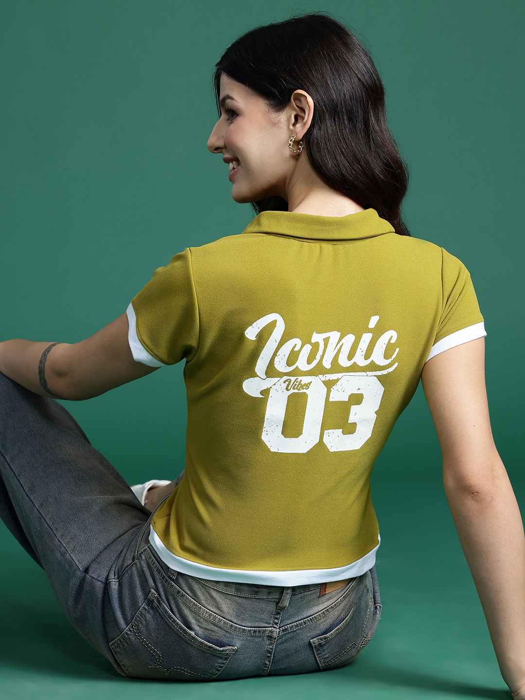 

DressBerry Typography Printed Shirt Collar Top, Green